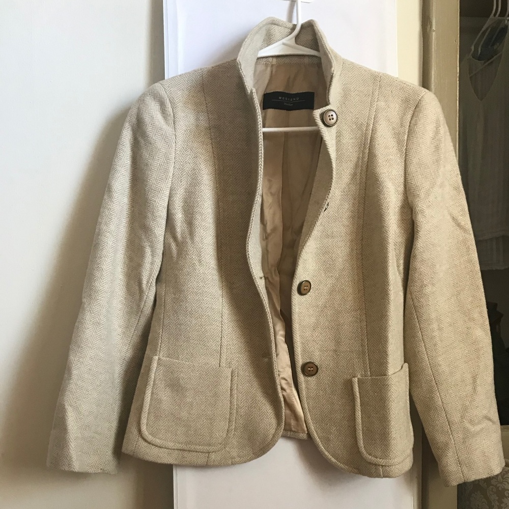 MaxMara Weekend Wool Blazer Tan Cream Herringbone
